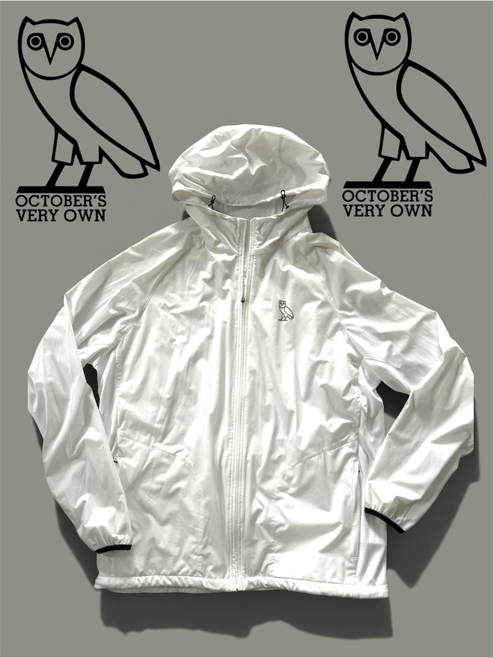 RARE OVO Octobers Very Own White Hooded Shell Windbreaker Jacket LIKE NEW